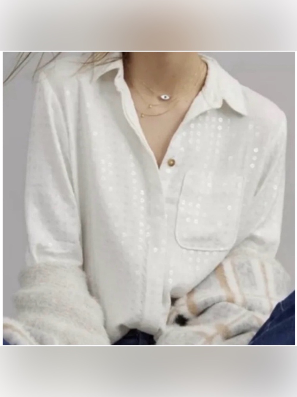 Pilcro White Button-Up Sequin Detail plus size Blouse